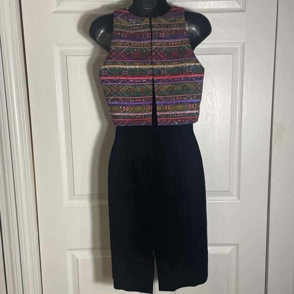 Vintage 90s‎ Rimini Dress Women 4 Black Velvet Multicolor Geometric Sleeveless - Picture 3 of 9